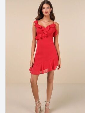 LULUS  Coral Always Ruffle One-Shoulder Chiffon Asymmetrical Dress S